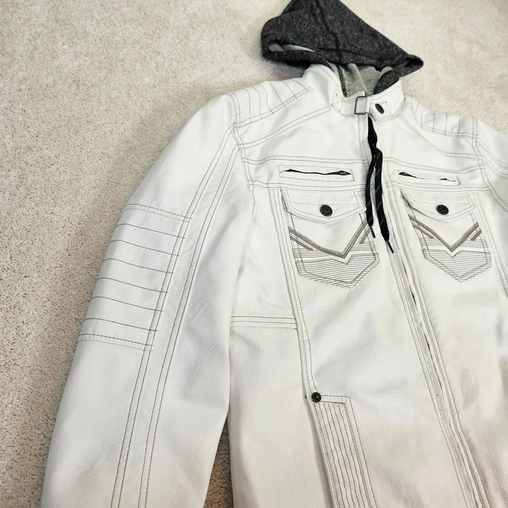 Buckle Black Mens White Faux Leather Full Zip Y2K Hoodie Jacket Combo Sz‎ L Edgy